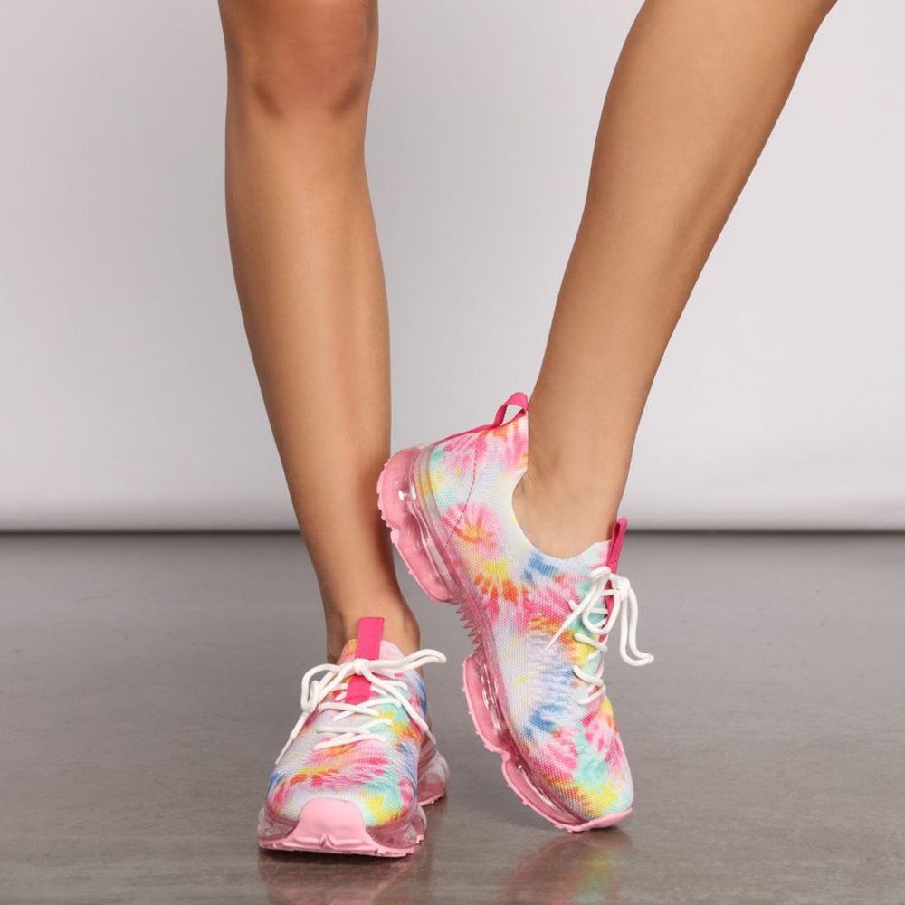 NEW🔥 Pink Multi Tie Dye Lace-Up Stretchy Bubble Air Cushioned Sneaker Slip-On - Picture 2 of 10